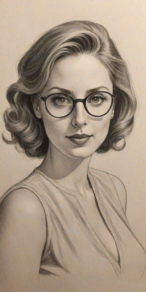Gorgeous Eva Amurri Martino, pencil sketch, portrait of Magnificent woman 1933s in glasses, hair style beatnik, outline, clear lines, fine lines, 8k