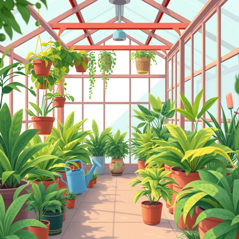 create a vibrant illustration of a modern greenhouse filled with a variety of lush green plants, featuring a watering can and decorative pots, use a digital art style, set the camera view to a slight angle for depth, apply a soft focus effect, and enhance colors for vividness.