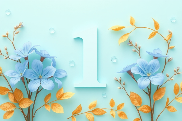 Create a high-resolution digital illustration of the number 1 surrounded by light blue flowers and delicate golden leaves on a soft turquoise background, using a Canon EOS R5, 50mm lens, f/1.8 aperture, and natural soft lighting for enhanced clarity and detail.