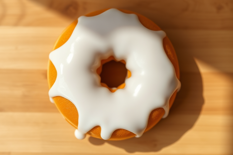 Create a high-resolution image of a stylized donut with a drippy icing effect, using a Canon EOS 5D Mark IV with a 50mm f/1.8 lens, in natural light, shot from a top-down view to highlight texture and detail.