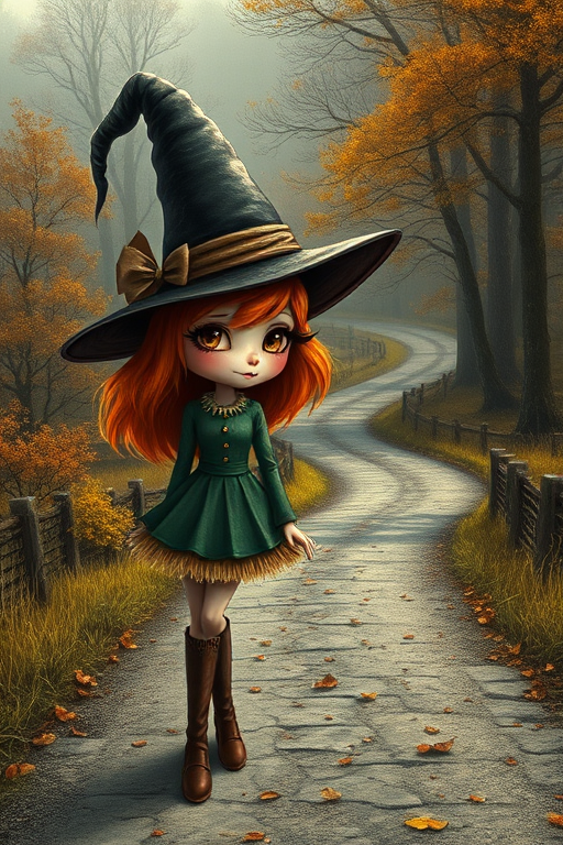 digital art fantasy depicting a strange girl with orange hair, long eyelashes, brown lipstick and a tall hat walking along a winding road on an autumn afternoon, an Oyster smiles as she passes