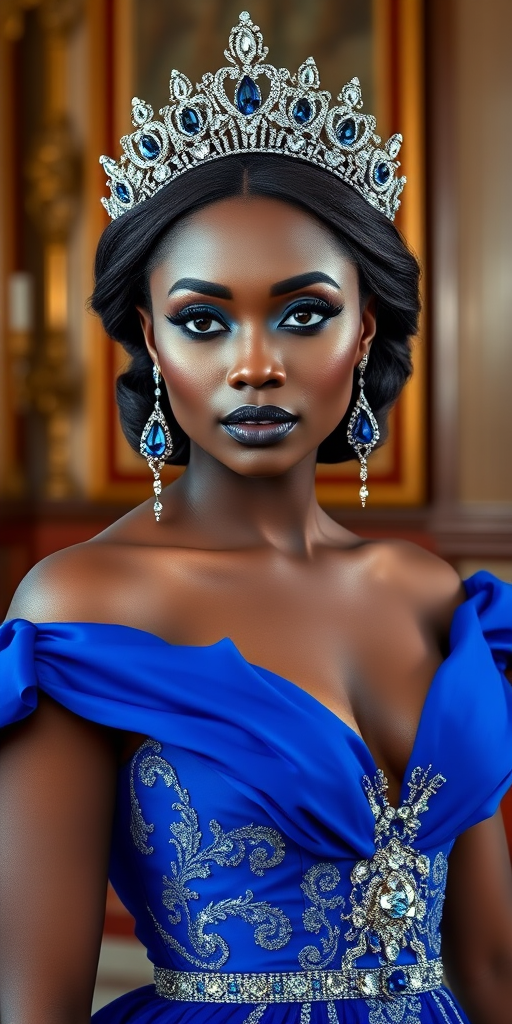 A gorgeous Zambo woman in a luxurious blue gown, accessorized with a dazzling tiara and statement earrings, her deep blue eyes highlighted by impeccable makeup, poised in a royal setting, photorealistic, 8K quality
