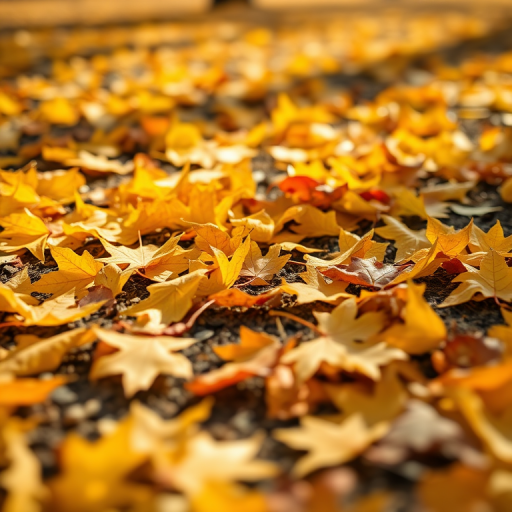 autumn leaves scattered on the ground in vibrant yellow and orange hues, shallow depth of field, macro lens, f/2.8, 50mm, natural sunlight, DSLR camera