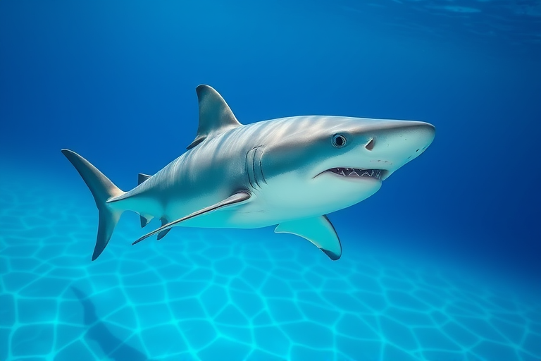 Create a high-resolution illustration of a shark swimming in clear blue water, using a Canon EOS 5D Mark IV with a 50mm f/1.8 lens, aperture set to f/8, ISO 200, shot at 1/250 second, captured in a balanced natural light setting, with a focus on the shark's details and vibrant colors.
