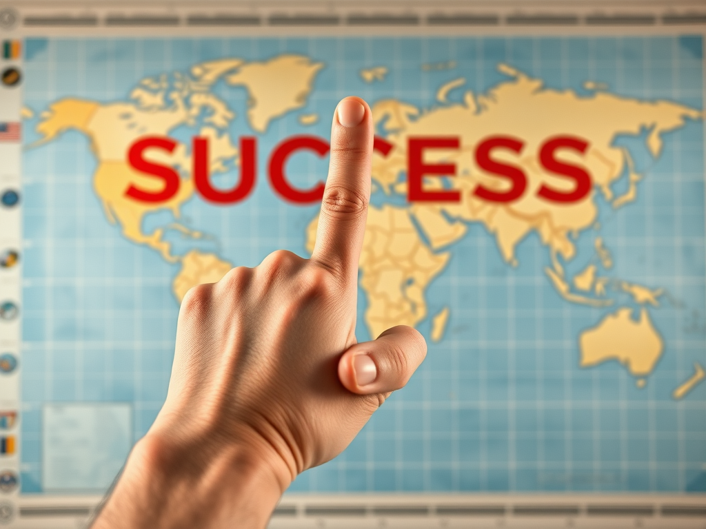 Create an image of a hand pointing at the word "SUCCESS" in bold red letters, with a world map in the background and a grid pattern around it, using a Canon EOS 5D Mark IV, aperture f/8, ISO 100, 24mm lens for a clear focus and vibrant colors.
