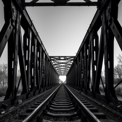 Capture a black and white image of an abandoned railway bridge with a low-angle perspective, using a DSLR camera at f/8, ISO 200, and 1/250s shutter speed for enhanced depth and detail.