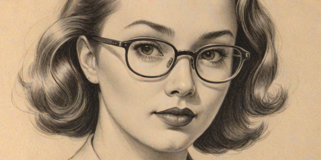 Appealing Bobby Lee, pencil sketch, portrait of Enticing woman 1932s in glasses, hair style beatnik, outline, clear lines, fine lines, 8k