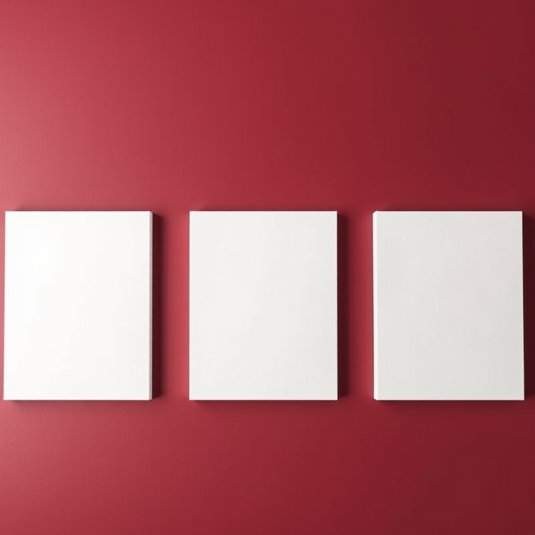 Create a high-resolution image of three blank canvases arranged symmetrically on a maroon wall, using a DSLR camera with a 50mm lens, aperture f/2.8, shutter speed 1/60s, ISO 100, captured from a straight-on view using natural lighting for optimal clarity and detail.