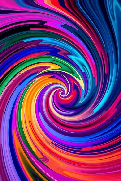 Create an abstract image featuring a colorful swirling pattern with vibrant hues, utilizing a Canon EOS R5 camera, 50mm lens, f/1.8 aperture, ISO 100, and a high dynamic range setting for enhanced color depth.