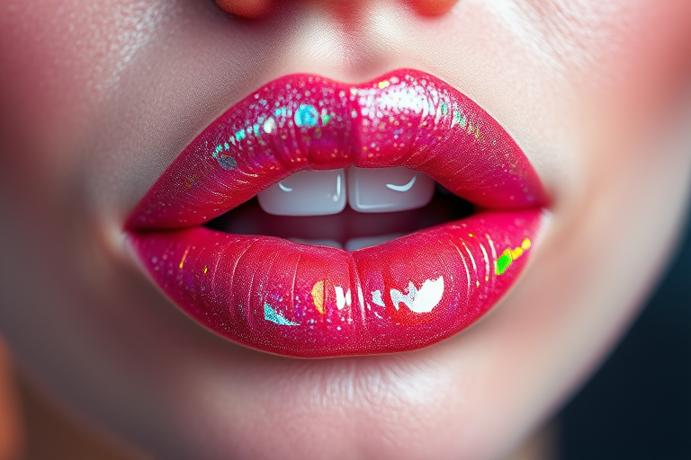 Glossy clear lips with holographic sparkle, ultra-reflective shine, plumping effect for enhanced volume, futuristic Crystal Prism Gloss style