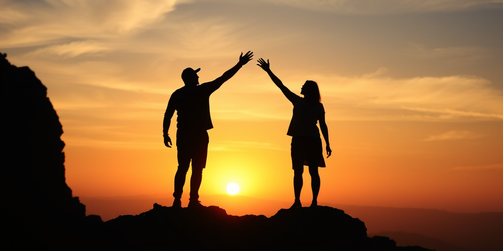 Generate an image of two figures standing on a rocky ledge at sunset, holding hands and raising their arms in celebration, camera settings: f/8, ISO 100, shutter speed 1/200, camera view: slightly low angle, camera style: silhouette, camera type: DSLR.