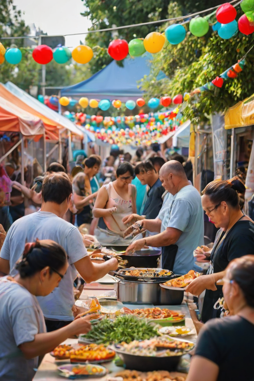 Vibrant street food festival, with vendors cooking up a variety of dishes, families enjoying their meals at picnic tables, and colorful decorations enhancing the festive atmosphere.