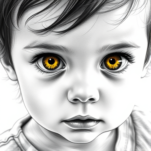 A hyperdetailed photorealistic black and white sketch of a beautiful toddler with deep Yellow eyes, with a macro focus