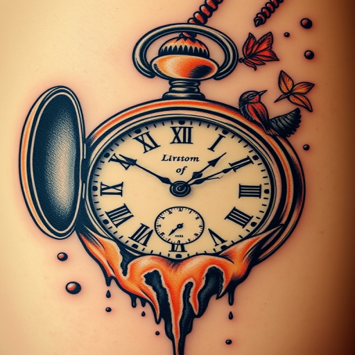 Surrealist pocket watch tattoo melting and distorting in a Dali-esque style, incorporating elements of nature and symbolism to represent the fluidity and relativity of time