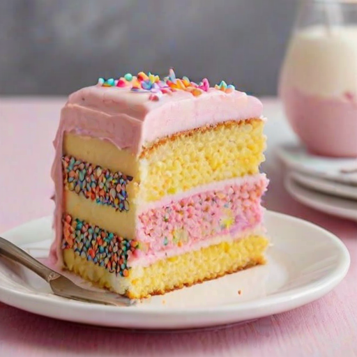 Create an image of a slice of layered cake with pink and yellow layers. The cake has a smooth pink frosting on top, decorated with colorful sprinkles and two small decorative figures on top. Place the slice on a white plate with a fork beside it. The background should be soft and pastel-colored to enhance the cake's appearance.