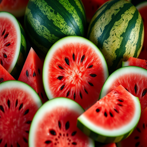 Create a highly detailed, vibrant image of various watermelons and watermelon slices arranged artistically, macro view, aperture f/2.8, shutter speed 1/250s, ISO 100, using a DSLR camera, ensuring vivid colors and sharp contrast.