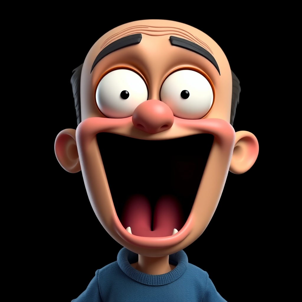 Create a cartoonish image of an exaggerated character with a large mouth wide open, big eyes, and a simplistic blue shirt, set against a solid black background, using a DSLR camera with a 50mm lens, f/1.8 aperture, ISO 100, and 1/200s shutter speed for sharp focus and vibrant colors.