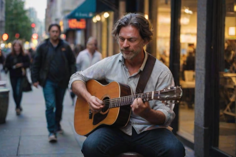 Blurry, candid photo of a street musician playing an acoustic guitar on a busy city sidewalk, soft glow from nearby shop windows illuminating their face, with distant pedestrians walking by.
