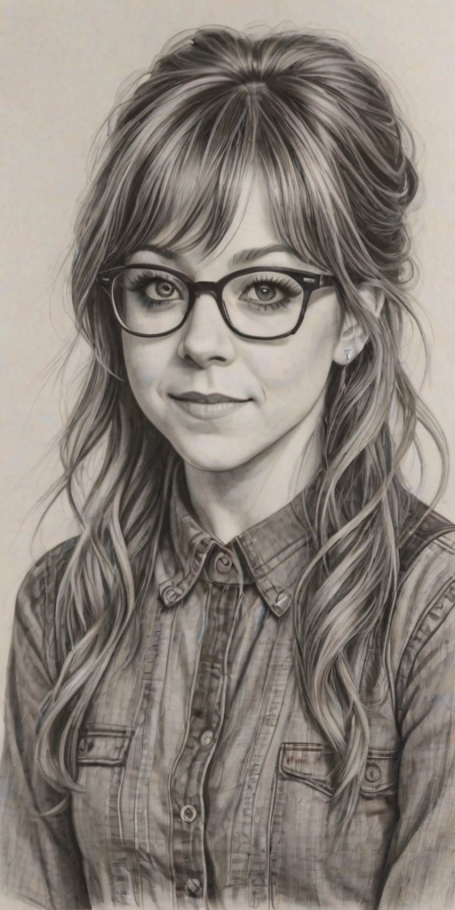 Magnificent Lindsey Stirling, pencil sketch, portrait of Charming woman 1972s in glasses, hair style beatnik, outline, clear lines, fine lines, 8k