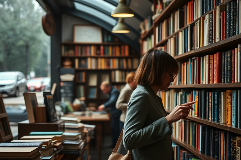 A quiet bookshop on a rainy afternoon, the smell of fresh coffee and old books filling the air, as a woman browses the shelves, running her fingers along the spines.