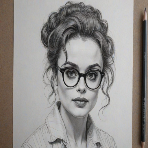 Lovely Helena Bonham Carter, pencil sketch, portrait of Captivating woman 1957s in glasses, hair style beatnik, outline, clear lines, fine lines, 8k