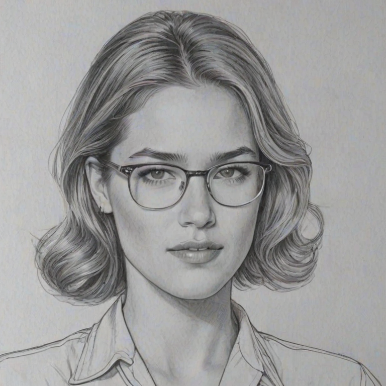 Superb Cody Horn, pencil sketch, portrait of Beauteous woman 1948s in glasses, hair style beatnik, outline, clear lines, fine lines, 8k