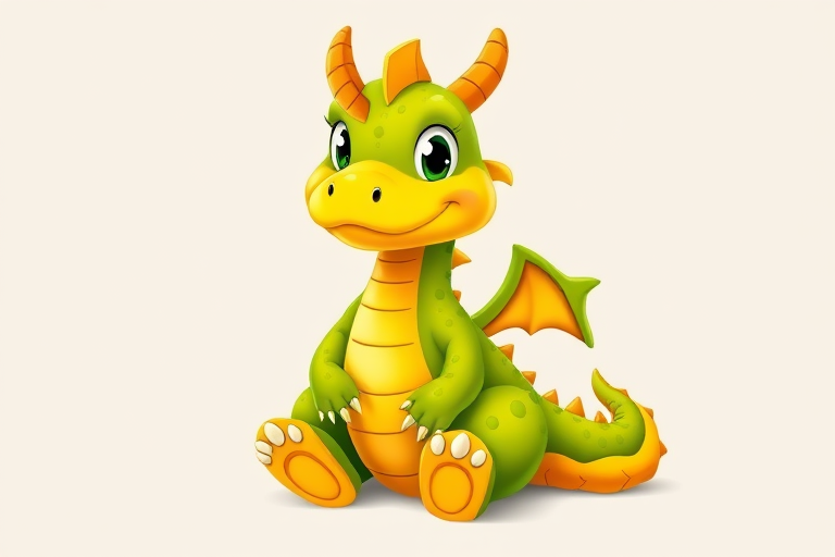 Generate a vibrant cartoon dragon character, showcasing bright yellow and green colors, with a friendly expression, seated in a relaxed pose against a simple background, using a Canon EOS R5 camera with a 50mm lens, aperture set to f/2.8, ISO 100, and a shallow depth of field to enhance focus on the dragon.