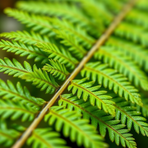Create a high-resolution image of a fern leaf with vibrant green colors, using a macro lens, f/2.8 aperture, 50mm focal length, natural lighting, and a shallow depth of field to highlight the intricate details of the leaf.