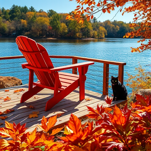 Create a vibrant, high-resolution image of a lakeside view with a red Adirondack chair on a deck, autumn leaves scattered on the ground, a black cat sitting near the chair, and colorful foliage in the foreground, captured with a Canon EOS 5D Mark IV at f/8, ISO 100, 1/200 sec, a wide-angle lens at 24mm, and a bright, sunny atmosphere.