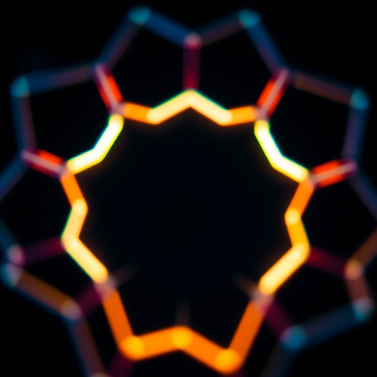 Create a close-up view of a hexagonal pattern with glowing edges on a dark background, using a macro lens, aperture f/2.8, ISO 100, 1/250s shutter speed, with soft bokeh and vibrant colors.