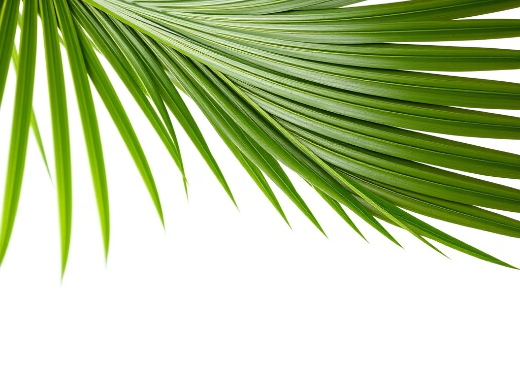 Create a high-resolution image of a vibrant green palm leaf on a white background using a DSLR camera, 50mm lens, f/2.8 aperture, ISO 100, natural lighting, and macro photography style.