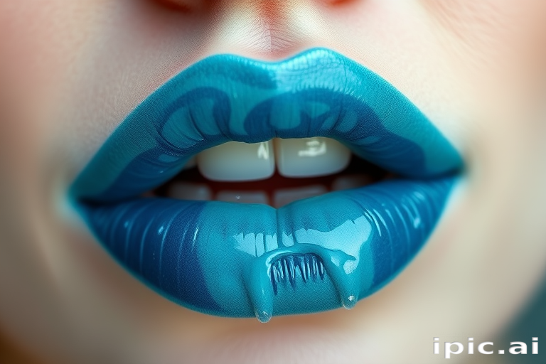 Serene ocean lips painted in various shades of blue and teal, with subtle white accents resembling sea foam and a glossy finish like water