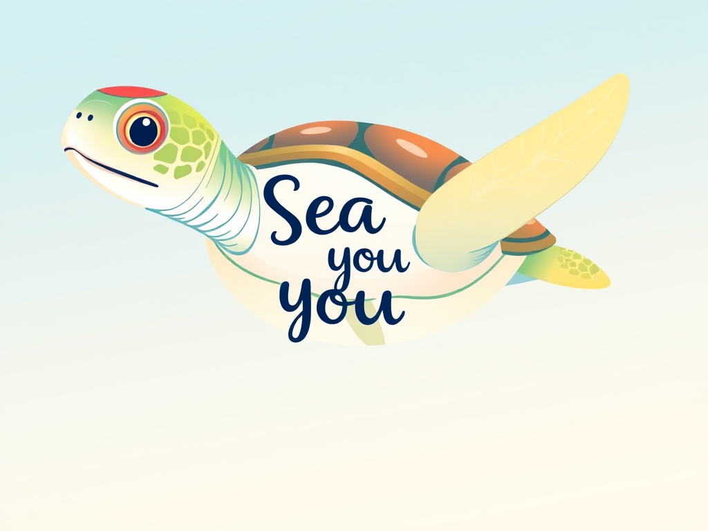 Create an illustration of a sea turtle with pastel gradient colors in a playful style, featuring the text "Sea you soon" in a bold font, captured with a DSLR camera, 50mm lens, f/2.8 aperture, 1/250 shutter speed, and natural lighting.