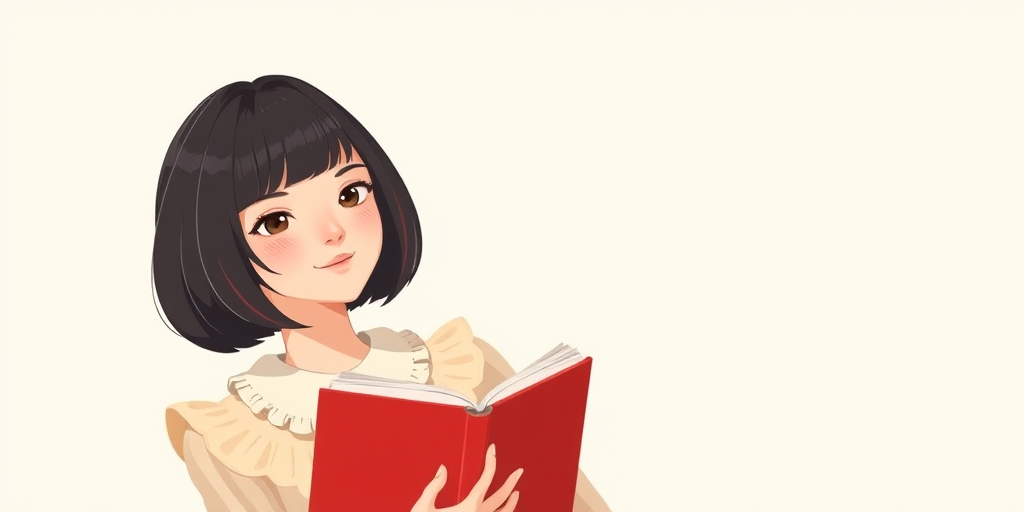 Create a vector illustration of a person with a bob haircut holding a red book, wearing a blouse with a fluffy collar, styled with soft pastel colors, captured in a flat lay perspective with high resolution, f/2.8 aperture, 50mm lens, using natural light for a clean, vivid appearance.
