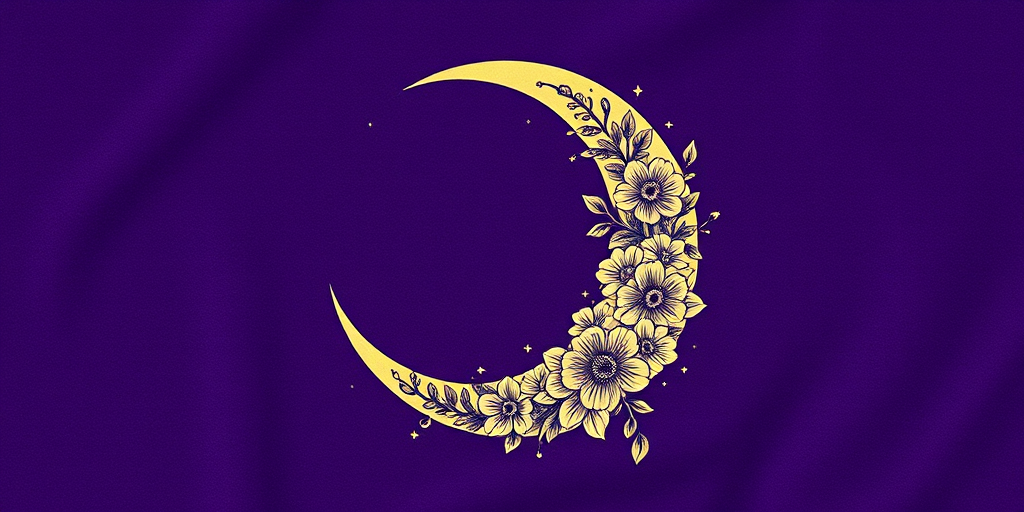 create a detailed illustration of a crescent moon adorned with intricate floral patterns and surrounded by small stars against a deep purple textured background, using a DSLR camera with a 50mm lens, aperture set to f/1.8, ISO 100, and a shallow depth of field to enhance the design and colors.