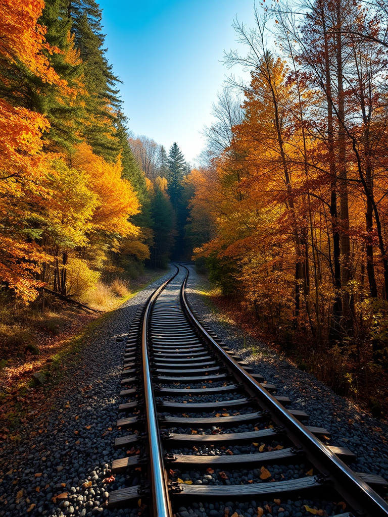 railway track curving through a colorful autumn forest with sunlight filtering through the trees, captured with a Canon EOS 5D Mark IV, f/8, ISO 100, 1/250s, wide angle lens, soft focus background for depth enhancement