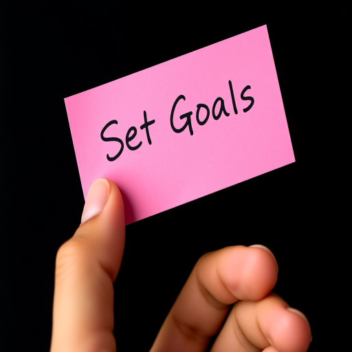 A close-up shot of a hand holding a pink sticky note with the phrase "Set Goals" written in white, with a Canon EOS 5D Mark IV camera, 50mm lens, aperture f/2.8, ISO 100, and natural lighting against a black background.