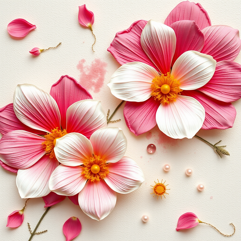 Create an image of a textured floral design featuring large pink and white flowers with yellow centers. The background should be a soft, light color with subtle texture. Include a few flower petals scattered around and small decorative pearls integrated into the composition. The overall feel should be vibrant and artistic, resembling a painting with thick brush strokes.