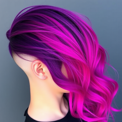 Daring trendsetter rocking a half-shaved head with long, wavy tresses on one side, colored in a bold purple to magenta ombré gradient