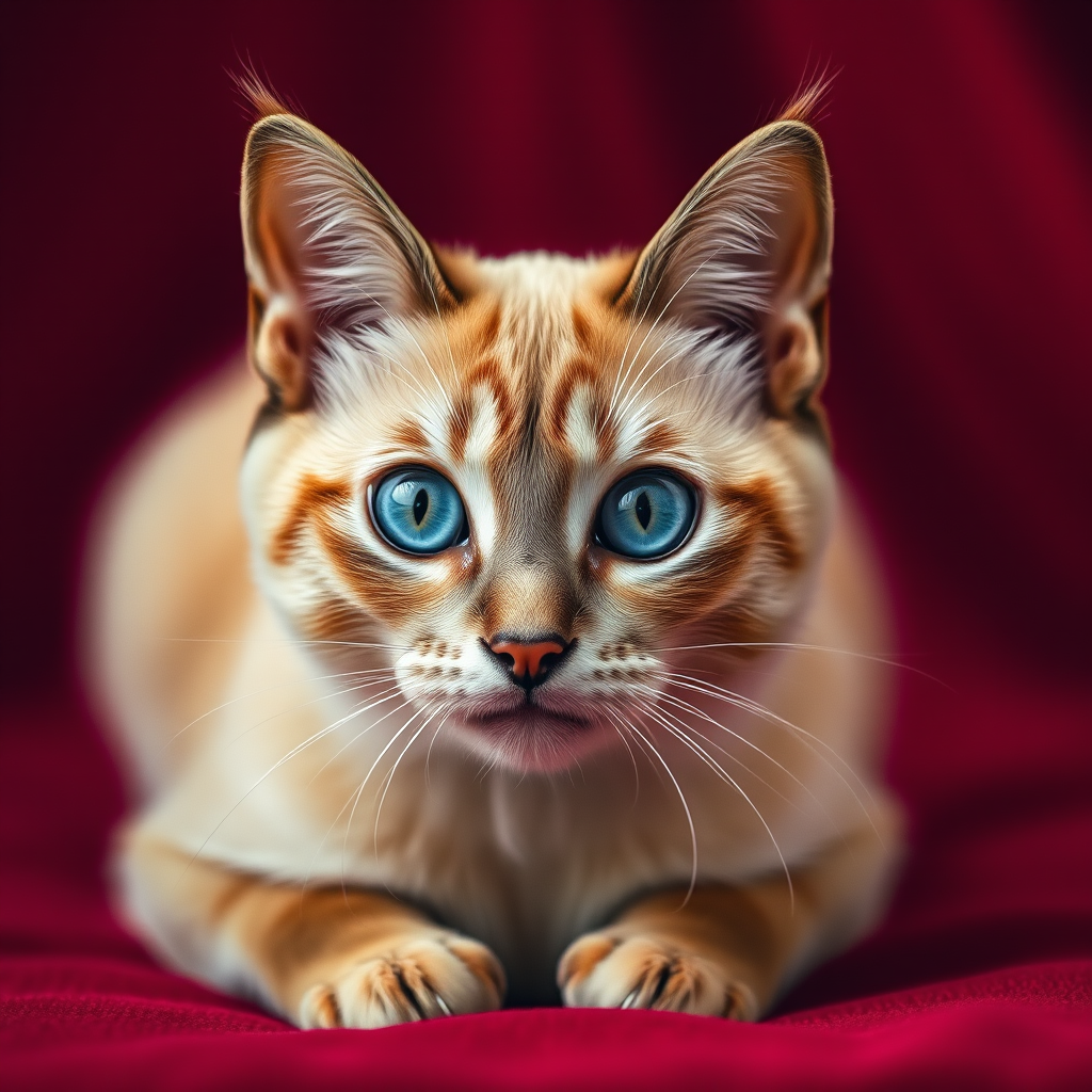 Capture a close-up of a cat with striking blue eyes sitting on a red velvet backdrop, using a Canon EOS R5 camera with a 50mm f/1.2 lens, aperture set to f/2.8, shutter speed at 1/125s, and ISO 200 for enhanced clarity and detail.
