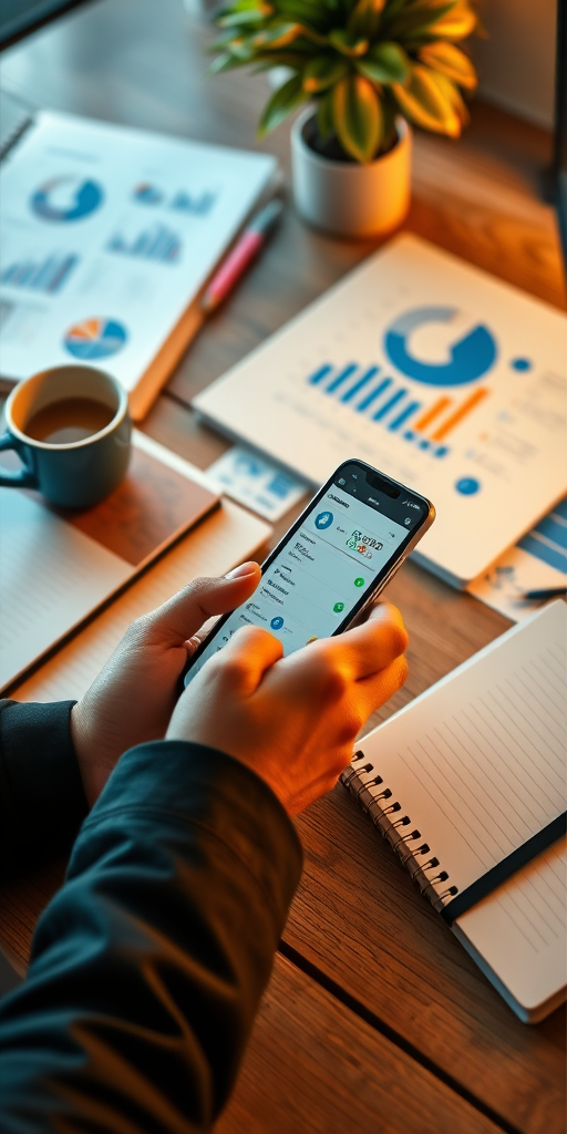 Create a business workspace scene with a person using a smartphone, surrounded by notebooks and a coffee cup, incorporate digital graphics like charts and icons, shot with a 50mm lens at f/1.8, ISO 100, 1/200 sec exposure, golden hour lighting to enhance warmth and clarity.