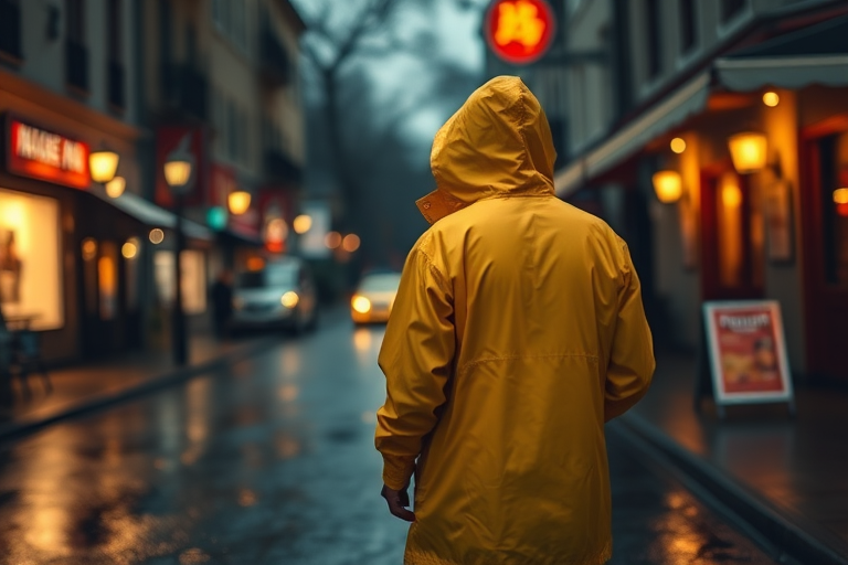 capture a person in a bright yellow raincoat walking down a wet street illuminated by warm restaurant lights during twilight, depth of field f/1.8, ISO 200, 50mm lens, DSLR, side view, soft bokeh effect