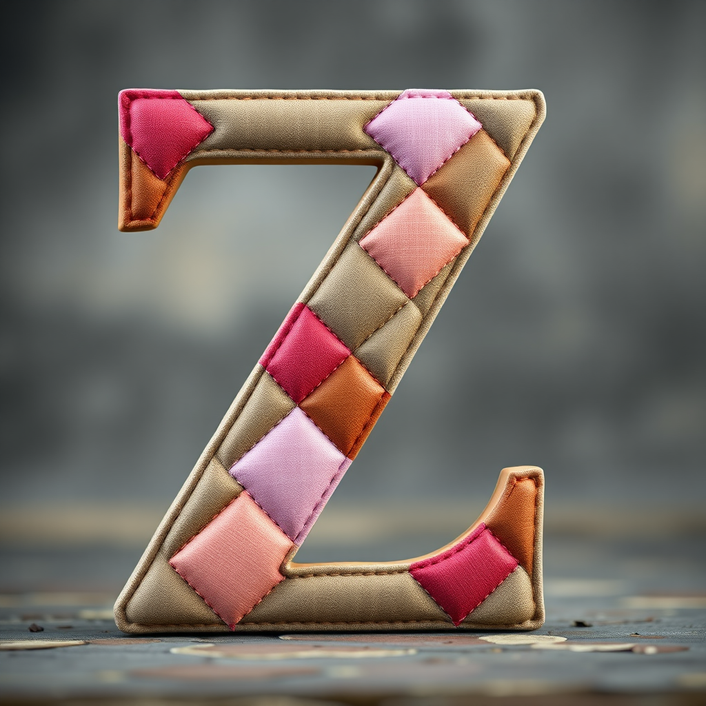 Create an image of a large, prominent letter Z designed with a quilt-like pattern of diamonds in shades of pink, brown, and gray, using a high-resolution DSLR camera, focal length of 50mm, aperture set at f/2.8, and a shallow depth of field to enhance clarity and vibrancy against a soft focus background.