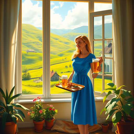 In "A Glass of Beer on the Highland," a serene scene is depicted in a sunlit room where a woman in a vibrant blue dress stands by a large window. She holds a tray with a hearty meal and a frothy glass of beer, embodying a moment of relaxation. Outside, the breathtaking highland landscape features rolling green hills and a charming traditional house, all bathed in warm afternoon light. The interior is adorned with potted plants, creating a harmonious blend of comfort and nature. The painting beautifully captures the tranquility and joy found in simple pleasures amidst stunning scenery