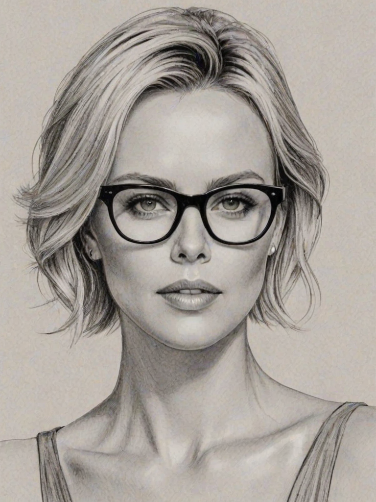Beautiful Charlize Theron, pencil sketch, portrait of beautiful woman 60s in glasses, hair style beatnik, outline, clear lines, fine lines, 8k