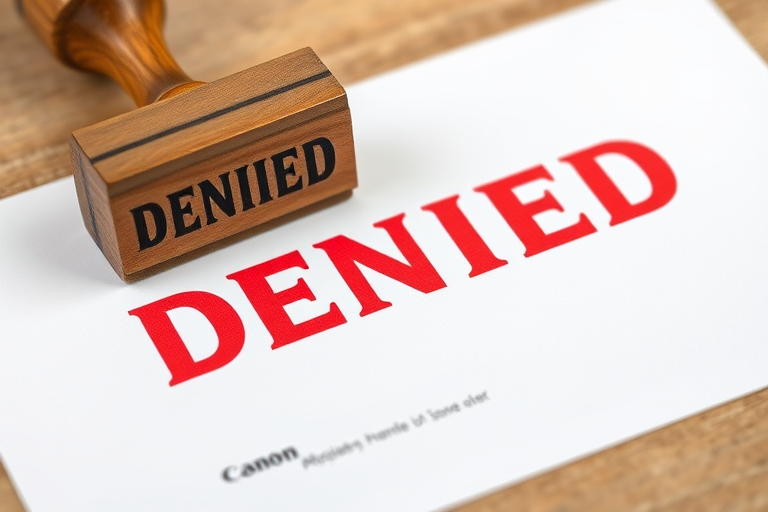Create an image of a wooden stamp with the word "DENIED" in bold red letters prominently displayed on paper, shot with a Canon EOS 5D Mark IV, 50mm lens, aperture f/2.8, ISO 100, natural lighting for a clean and professional look.