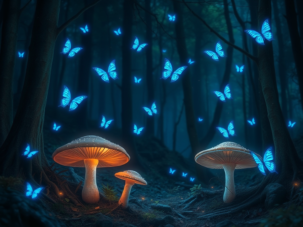 Generate a mystical forest scene at night with glowing mushrooms and delicate blue butterflies fluttering around. The atmosphere should be enchanted, with soft lighting and a sense of tranquility. Include hints of sparkling particles in the air to enhance the magical feel.