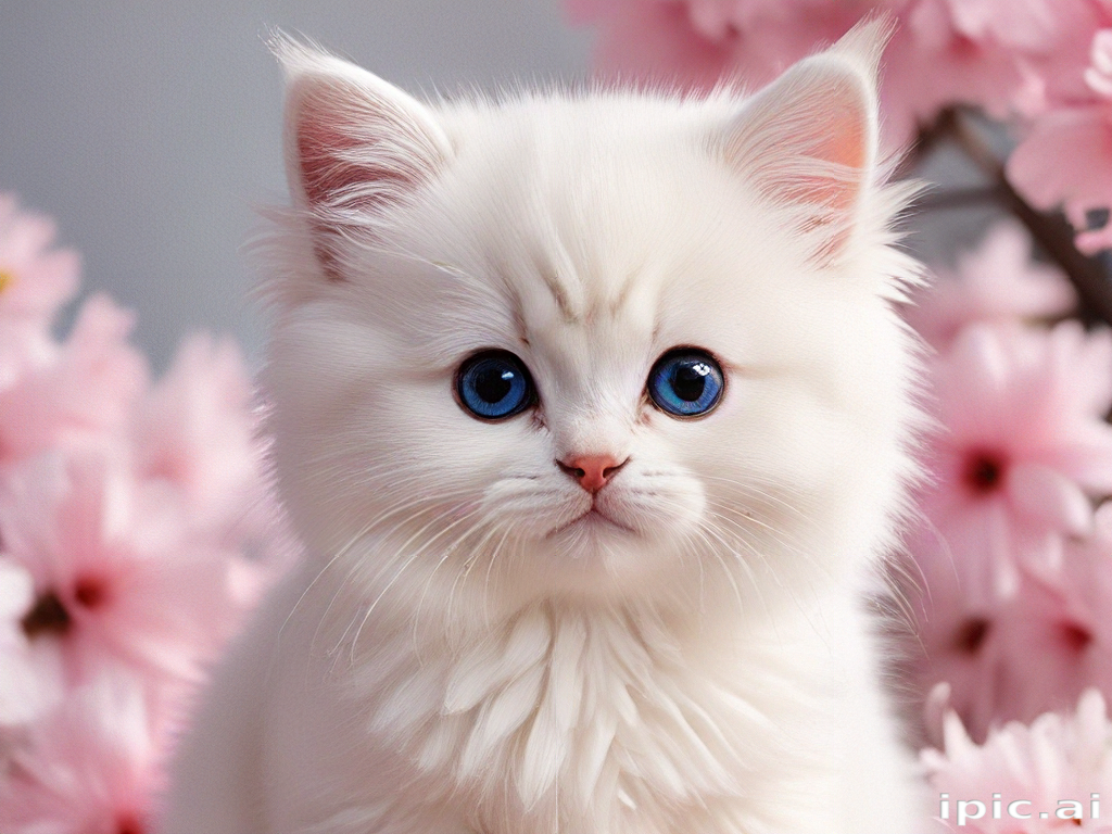 A Cute White Kitten Surrounded by Beautiful Pink Blossoms in Spring.