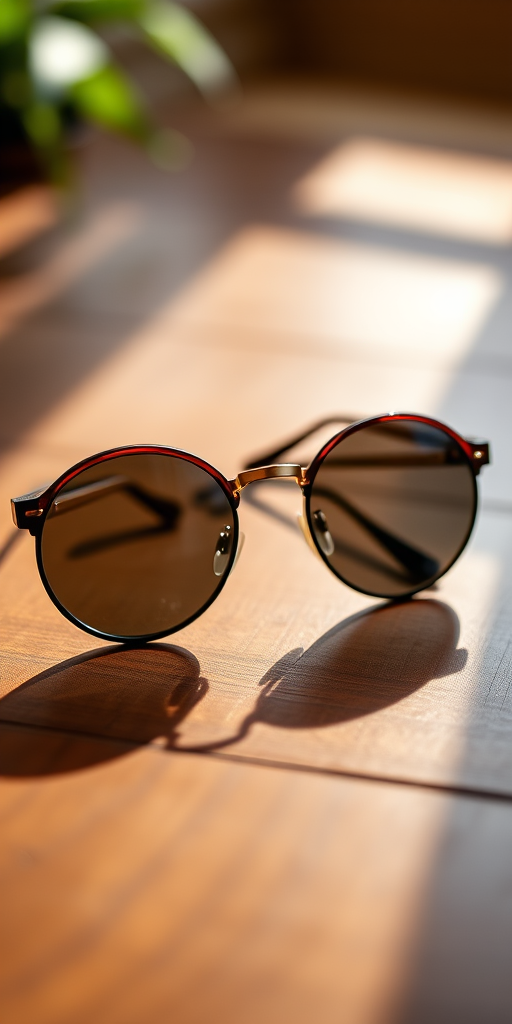 Create an ultra-realistic image of a pair of stylish round sunglasses on a wooden surface, with soft natural lighting, aperture set to f/2.8 for a shallow depth of field, ISO 100, and a DSLR camera for high detail.