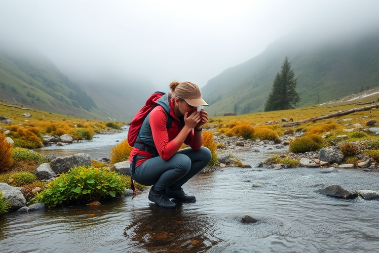 Misty mountain valley, with a clear stream running through the middle, a woman in hiking gear kneels by the water, her hands cupped as she drinks from the fresh, cool stream.